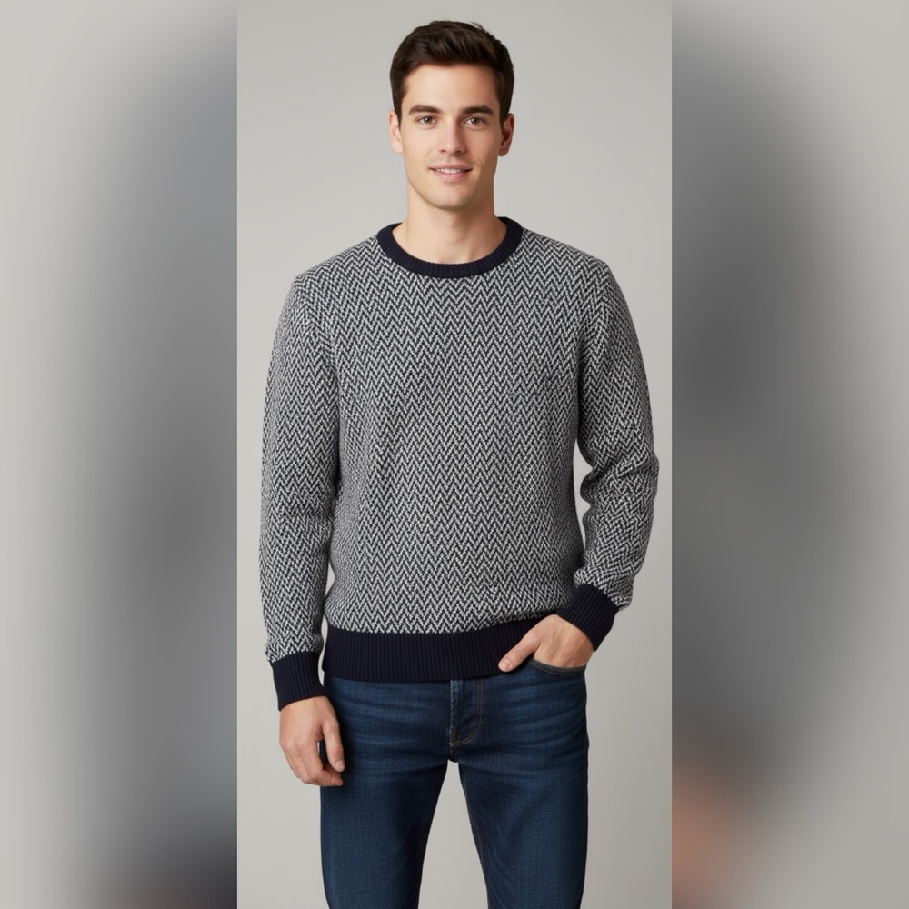 J Crew Men's Navy White Lambswool Sweater Size Large.